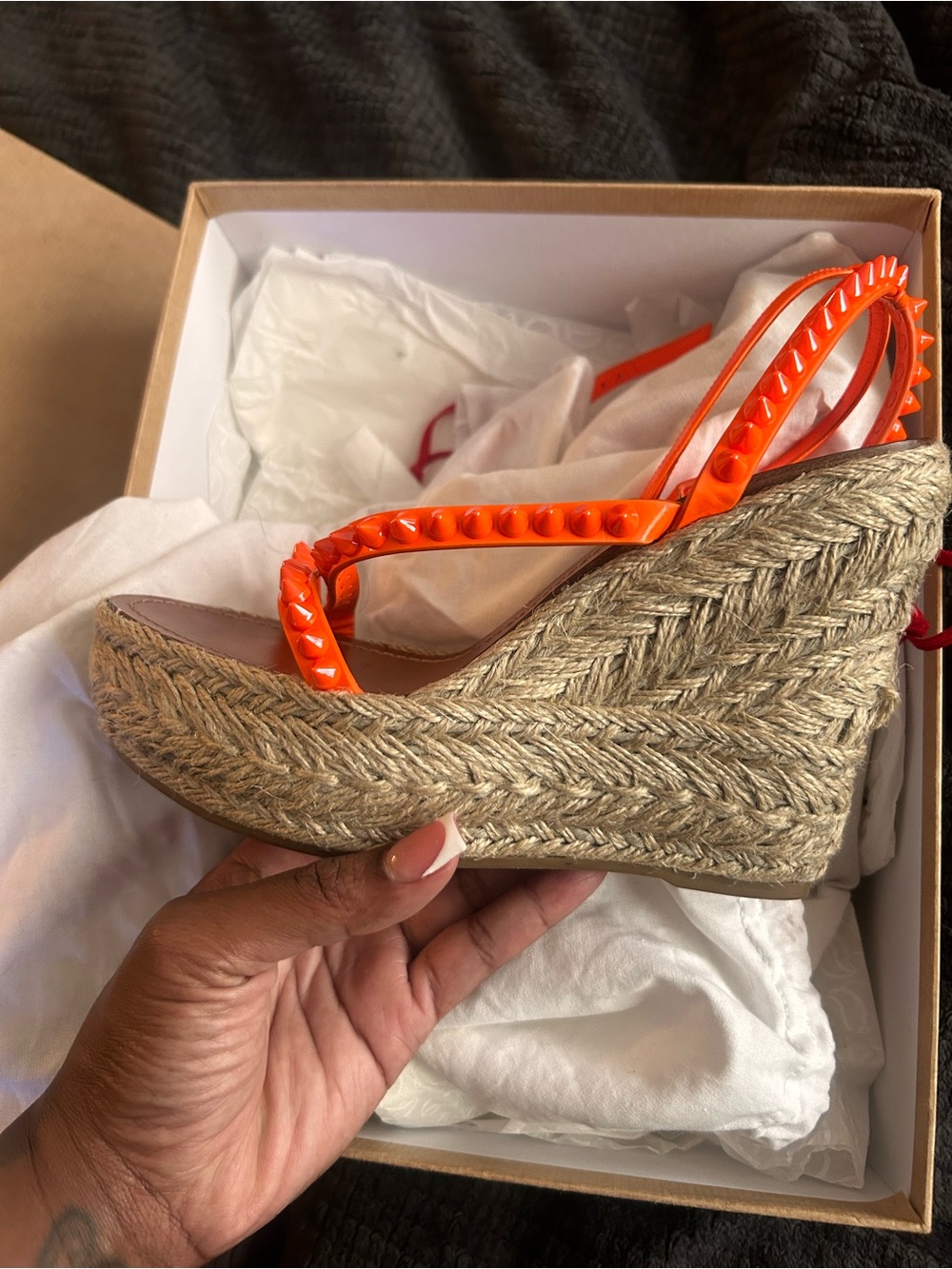 Christian Louboutin Bright Orange Studded Espadrille Wedge Sandals - Picture 3 of 3